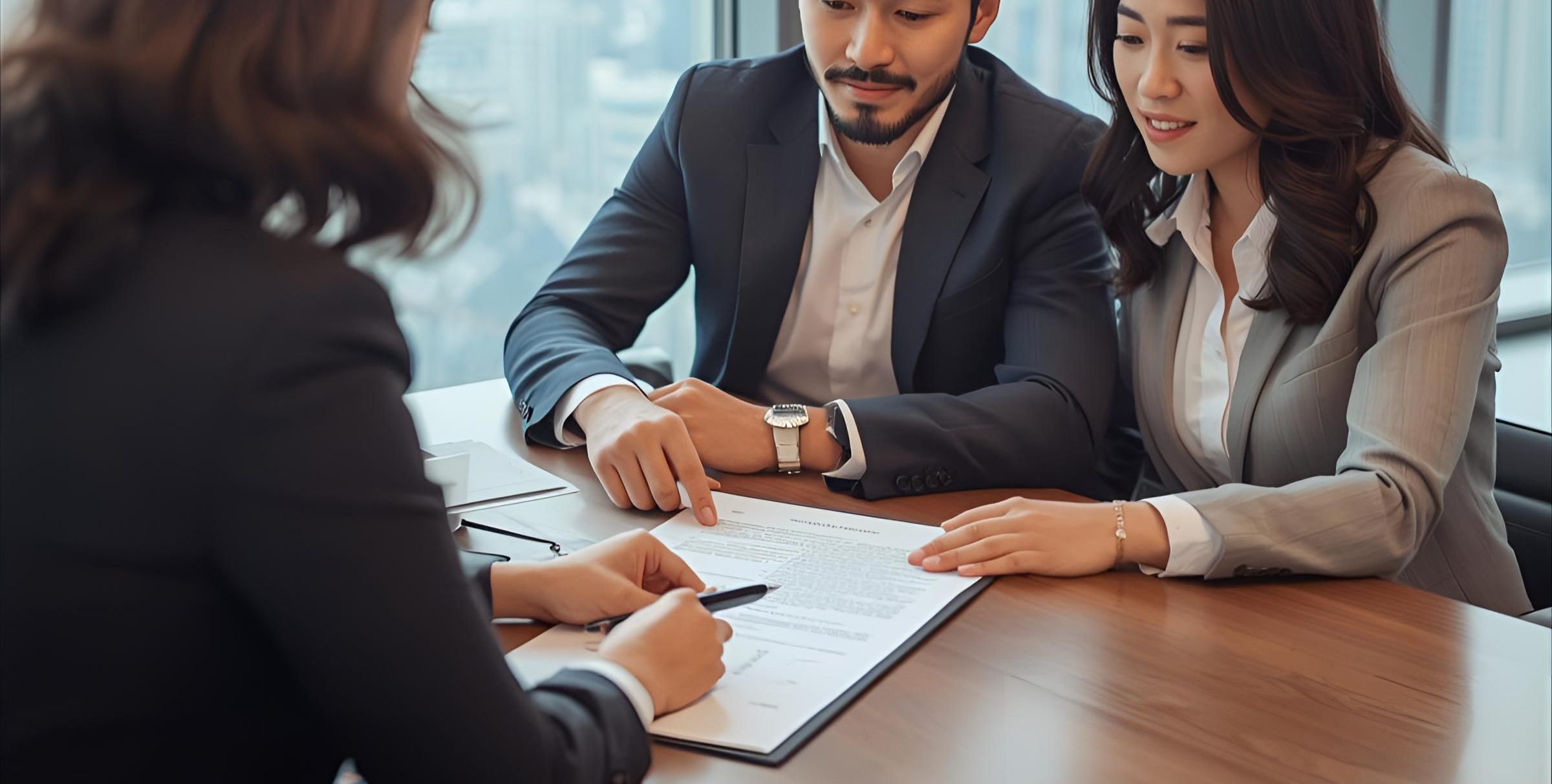 A real estate lawyer reviews condo ownership documents with a young couple in a modern sales office, with city condo views in the background.