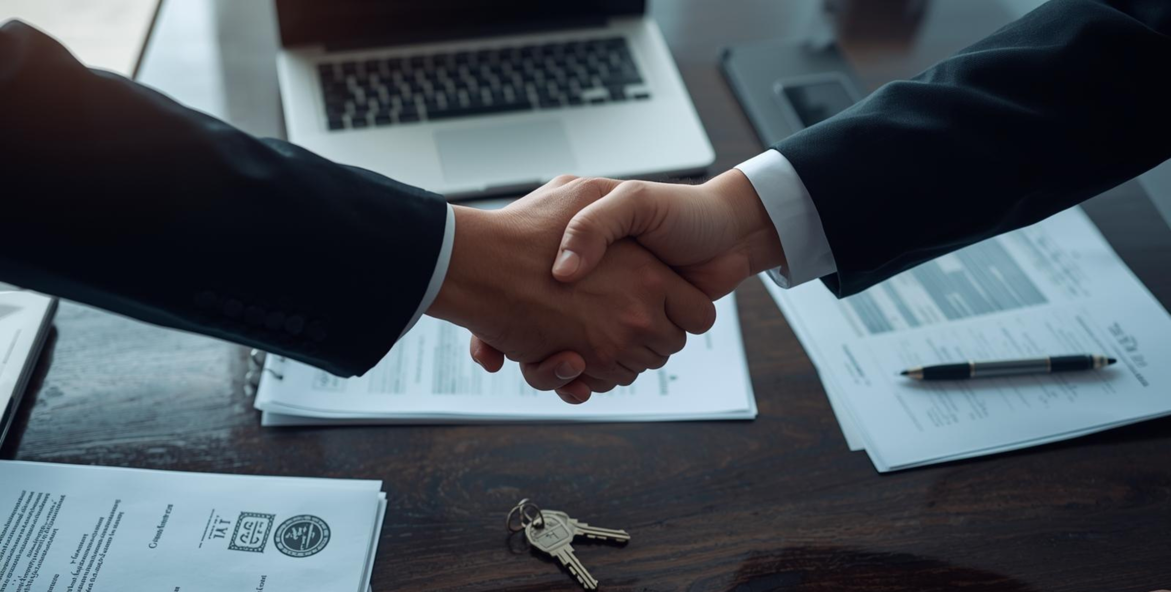 Close-up, faceless handshake over a table with legal documents, laptop, and house keys, symbolizing a property transaction and legal agreement, professional modern office setting.