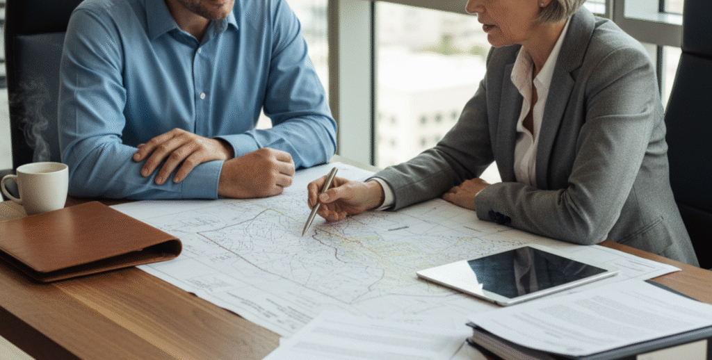 Real estate attorney reviewing property survey documents