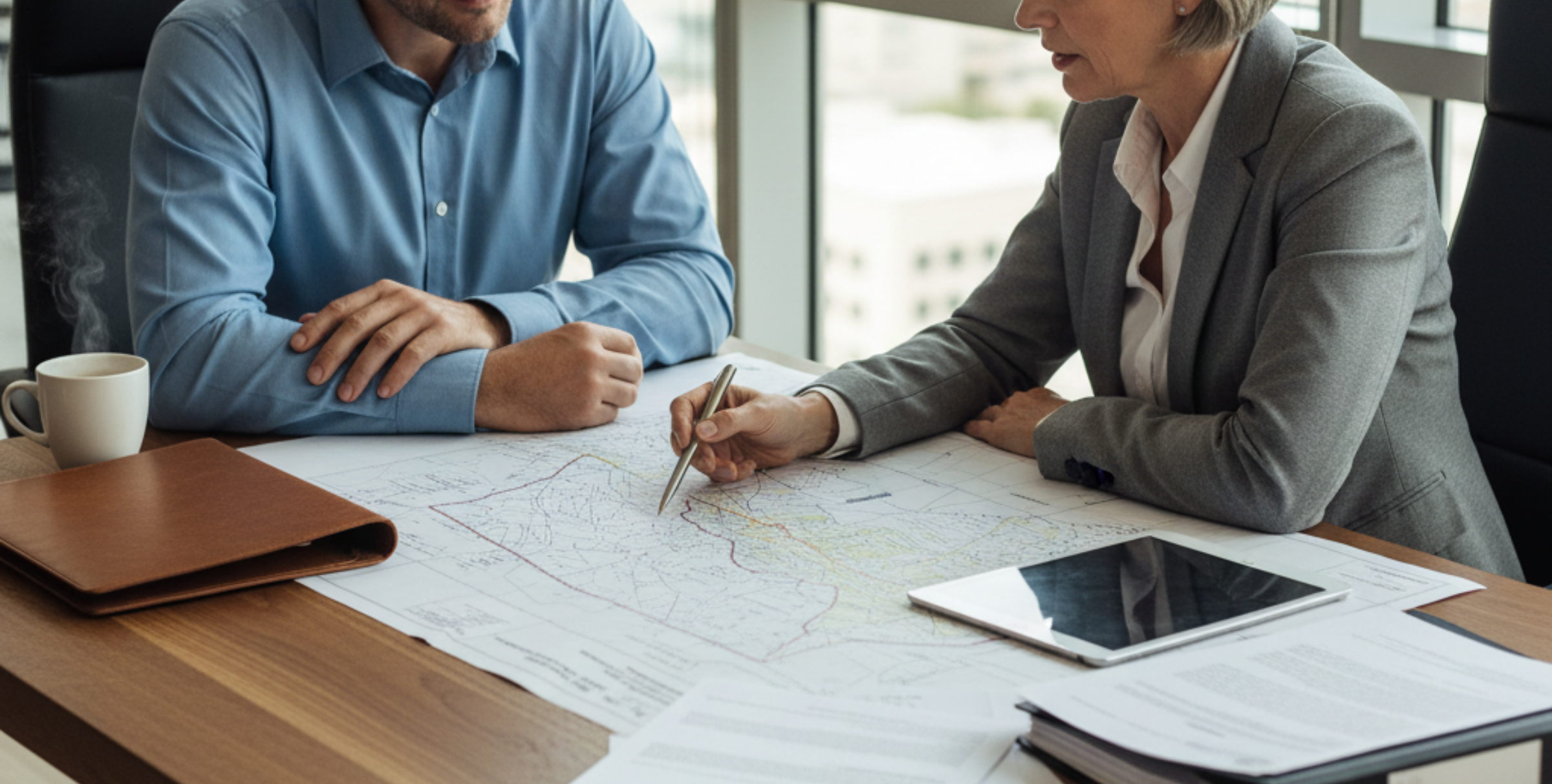 Real estate attorney reviewing property survey documents