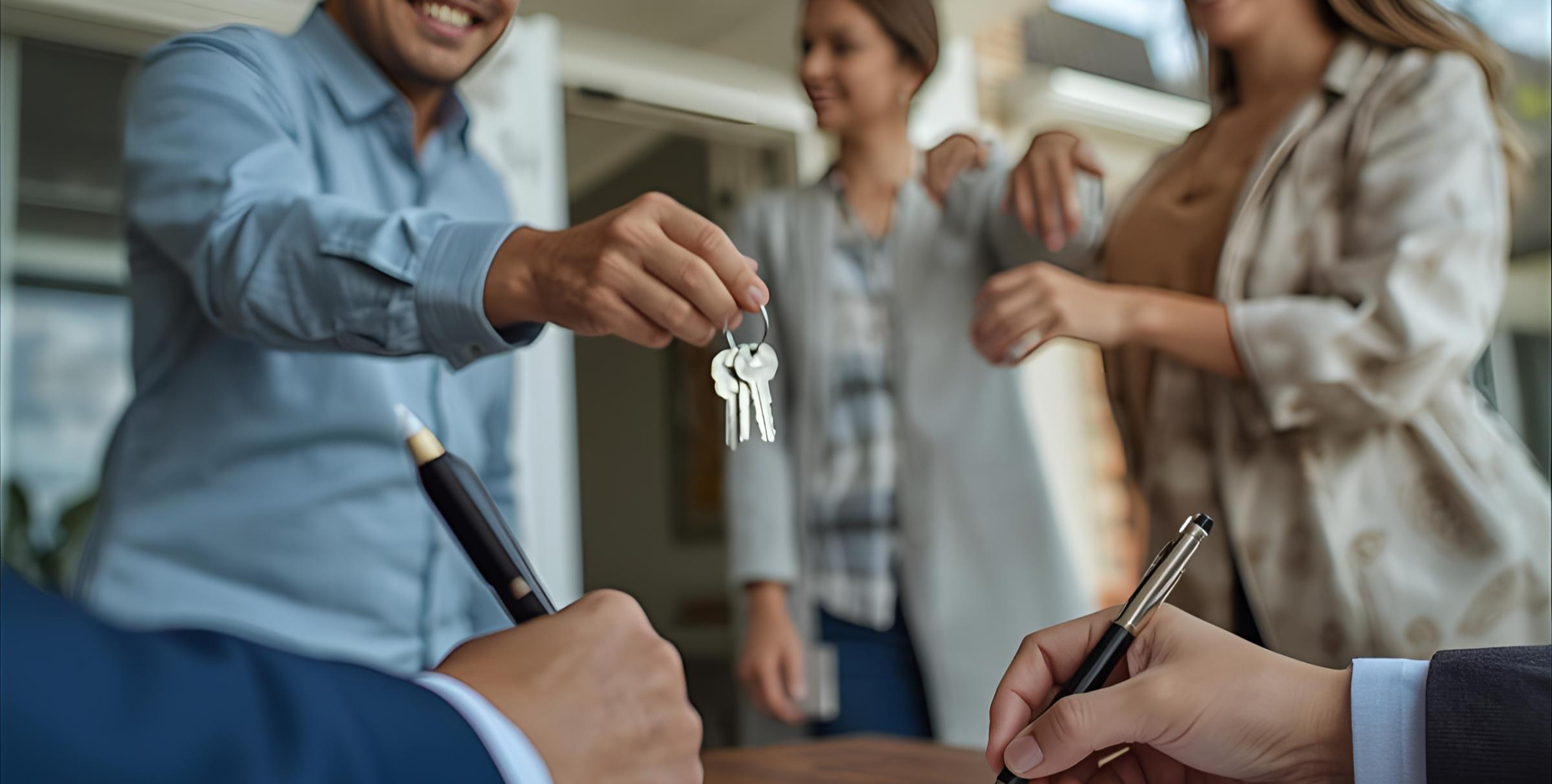 Smiling family receiving house keys while signing real estate documents, symbolizing property inheritance and legal ownership transfer.