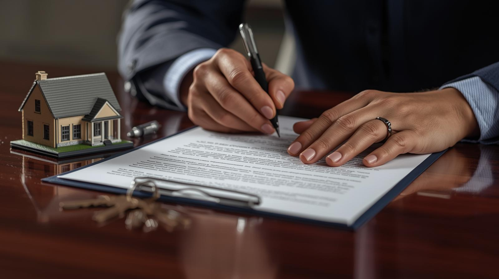 signing real estate escrow contract with house model and keys