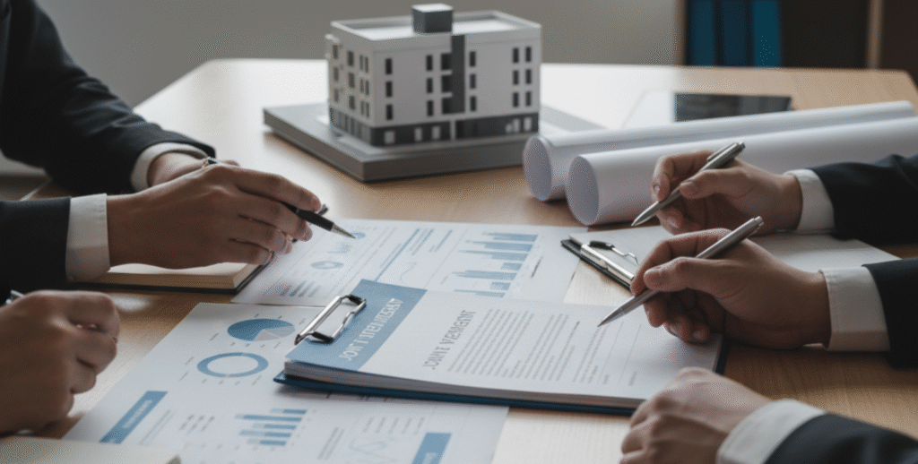 Real estate lawyer reviewing joint venture agreement to protect investors’ rights and capital.