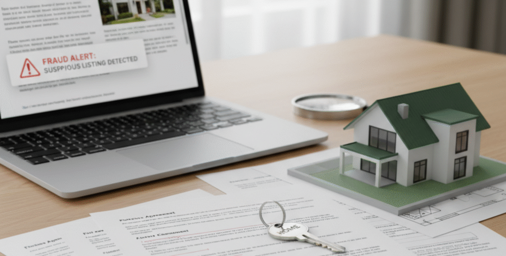 Close-up of real estate documents, house keys, and a model home on a desk beside a laptop showing a warning about a fake property listing, symbolizing real estate fraud prevention and legal document verification.