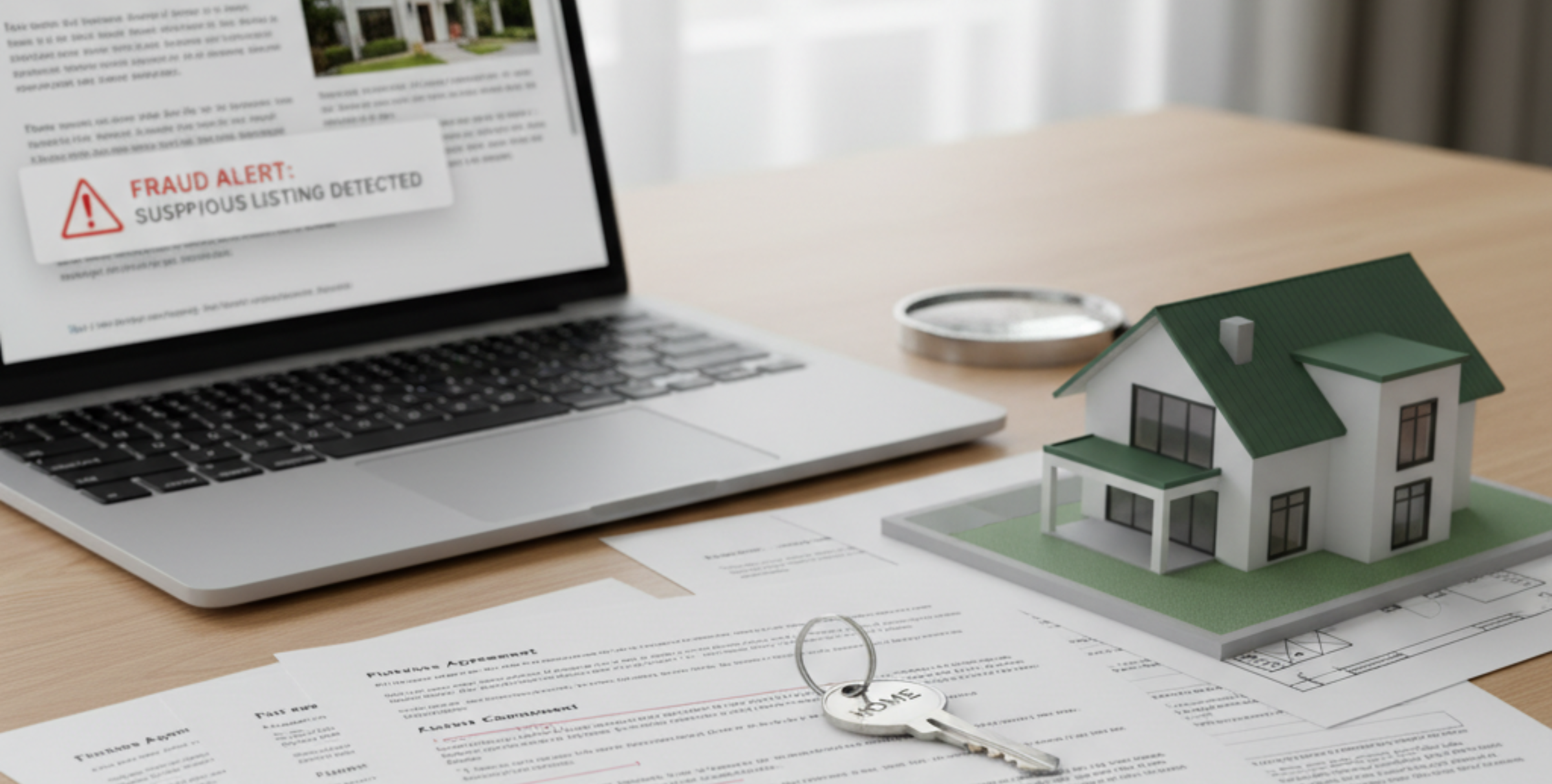 “Real estate fraud prevention concept with property documents, keys, and laptop showing fake listing warning