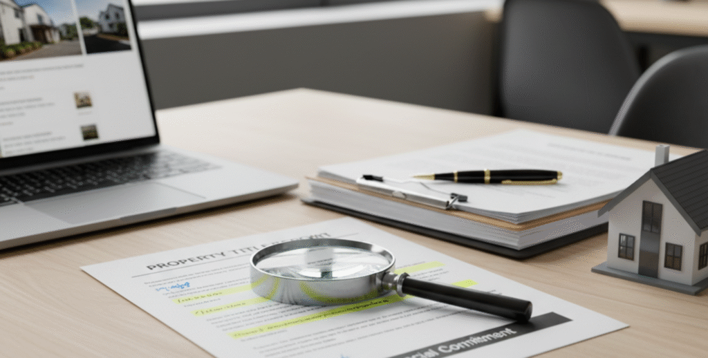 Close-up of real estate documents, a model house, and a magnifying glass on a desk, symbolizing legal due diligence and careful property review before purchase.