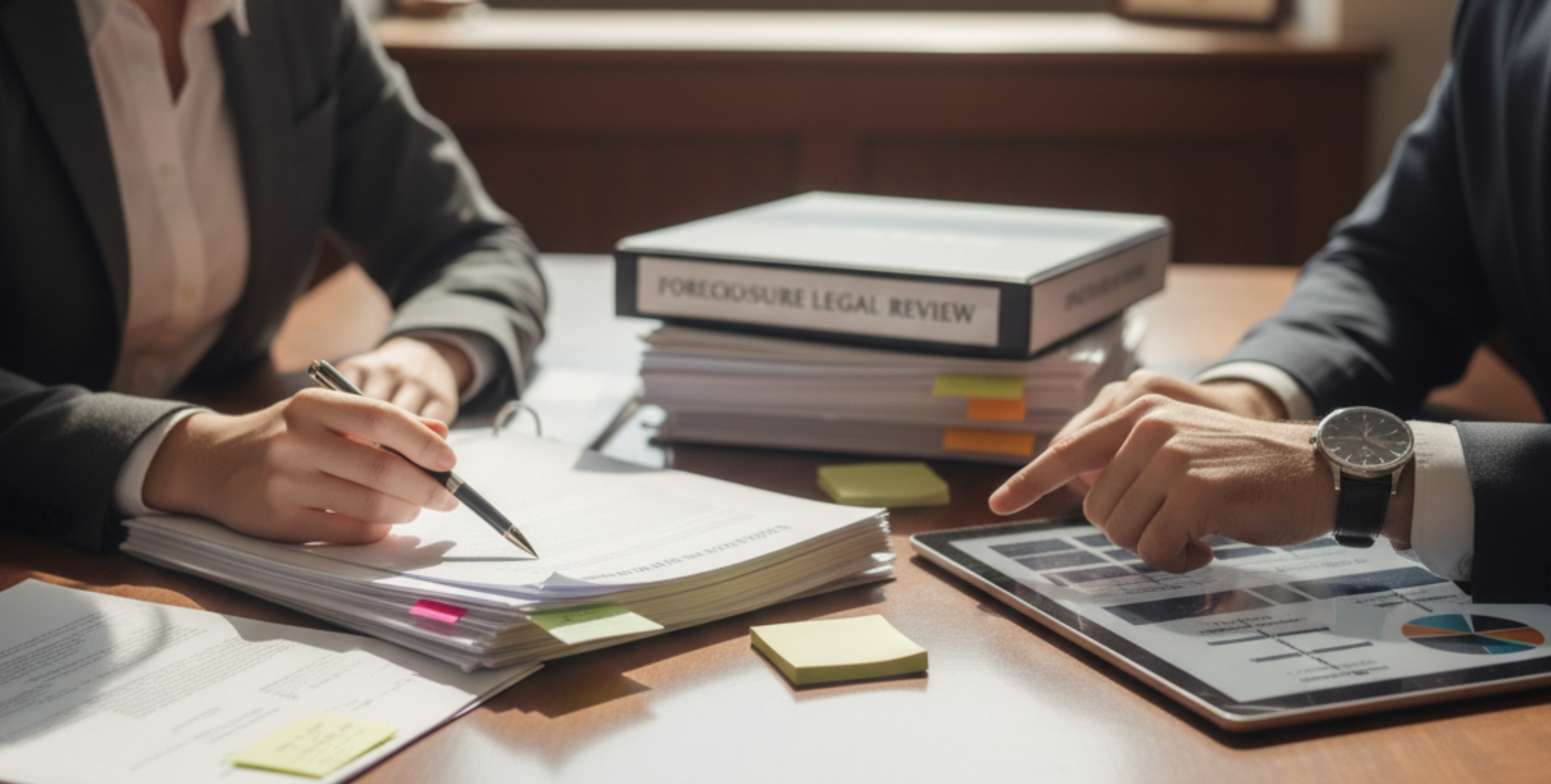 buyer reviewing legal implications of buying foreclosed property with lawyer
