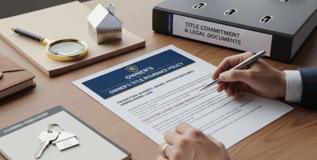 A close-up view of a hand highlighting clauses on a legal document titled 'Title Insurance Policy' with a pen.