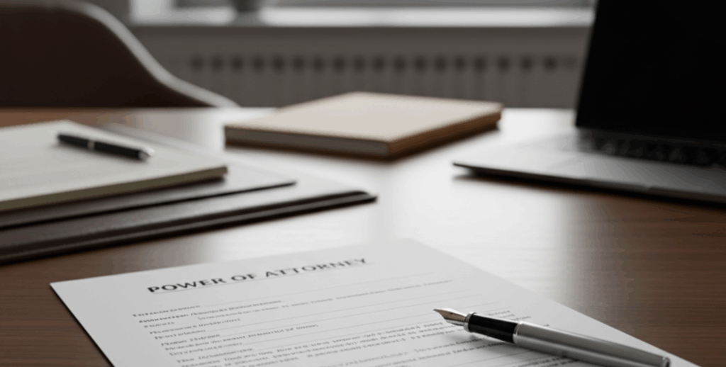 Power of Attorney document for a real estate transaction on a desk with a pen, representing legal authorization and professional guidance