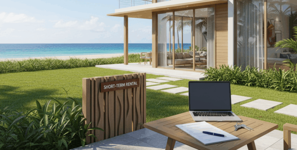 legal side of renting vacation home exterior with rental agreement and keys on a table, highlighting legal and business aspects of short-term rentals.