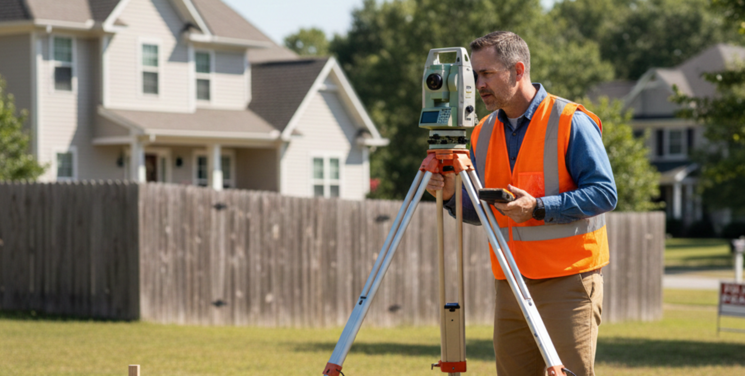 A surveyor measuring property lines with professional equipment in a residential yard as part of boundary surveys before buying.