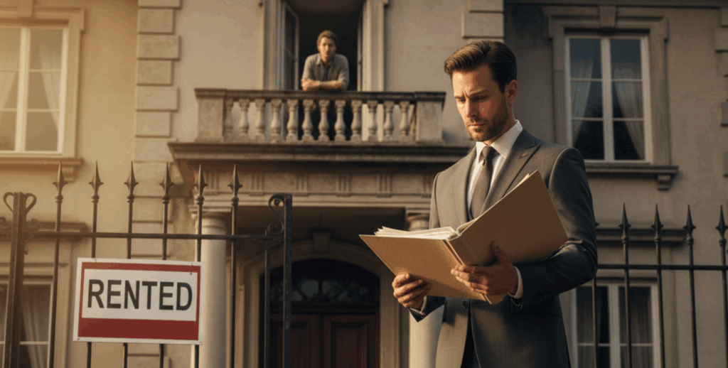 New property owner inheriting a property with tenants, reviewing legal papers in front of a rented house with a tenant visible in the window.