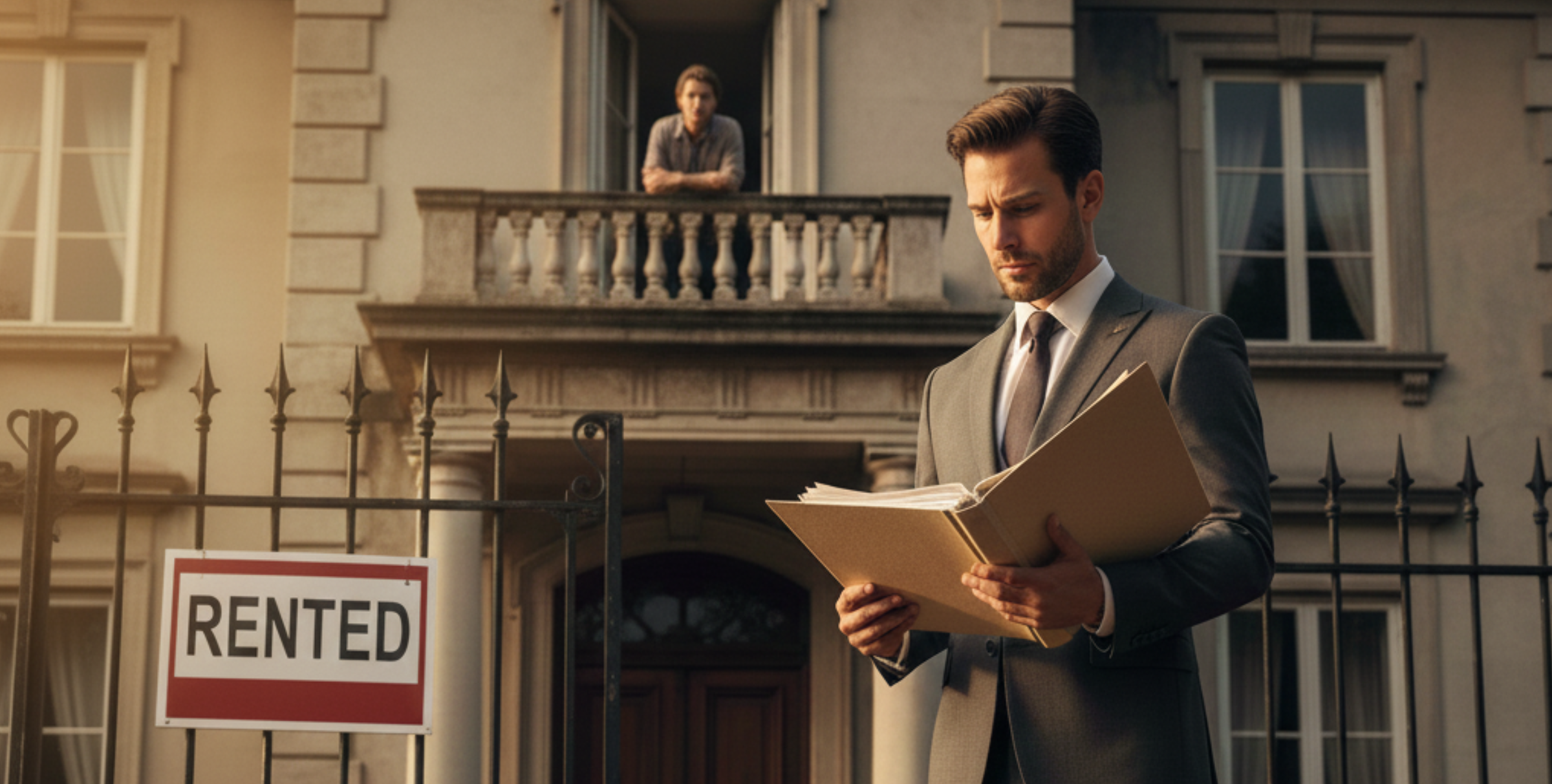 New property owner inheriting a property with tenants, reviewing legal papers in front of a rented house with a tenant visible in the window.