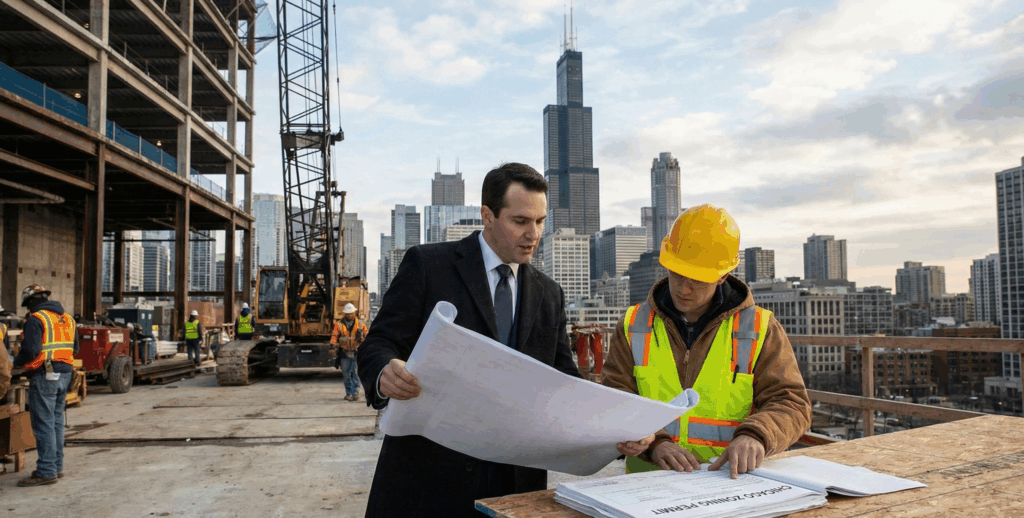 Lawyer reviewing blueprints and Chicago zoning permit documents at a construction site, illustrating legal risks in real estate development.
