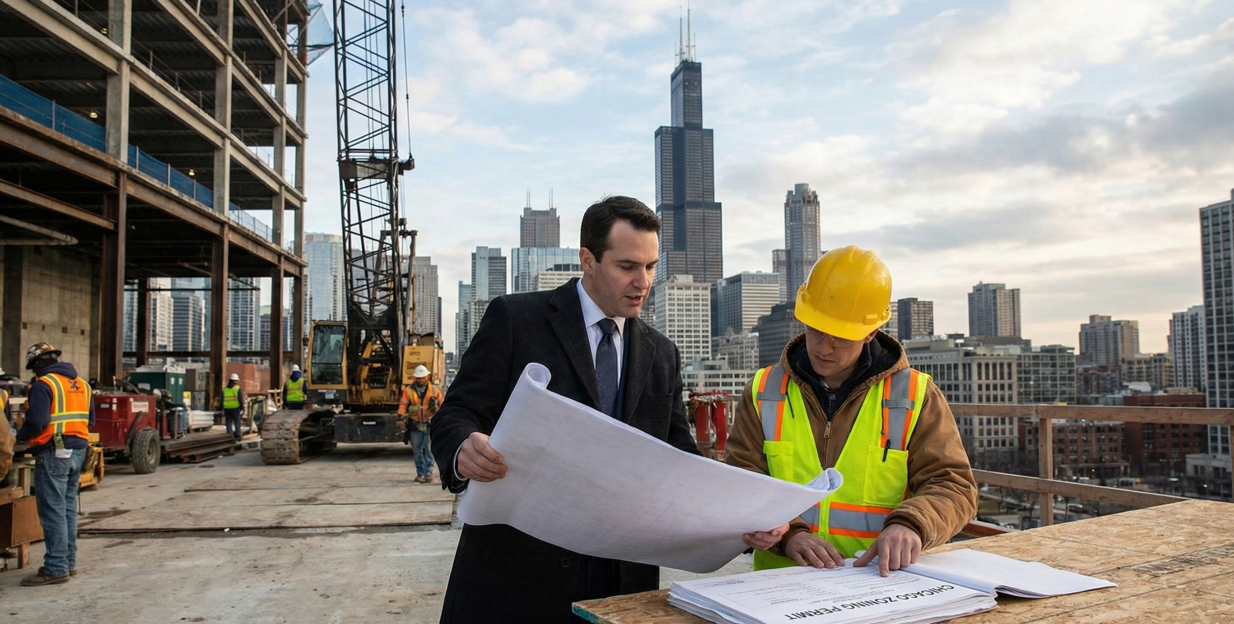 Lawyer reviewing blueprints and Chicago zoning permit documents at a construction site, illustrating legal risks in real estate development.