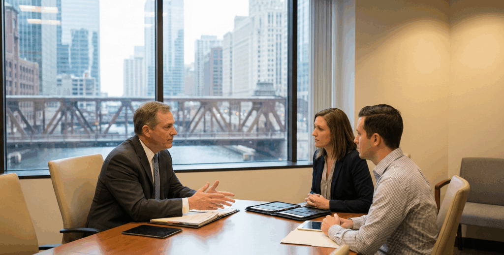 Chicago attorney handling real estate disputes without going to court during a mediation meeting in an office overlooking the city skyline.