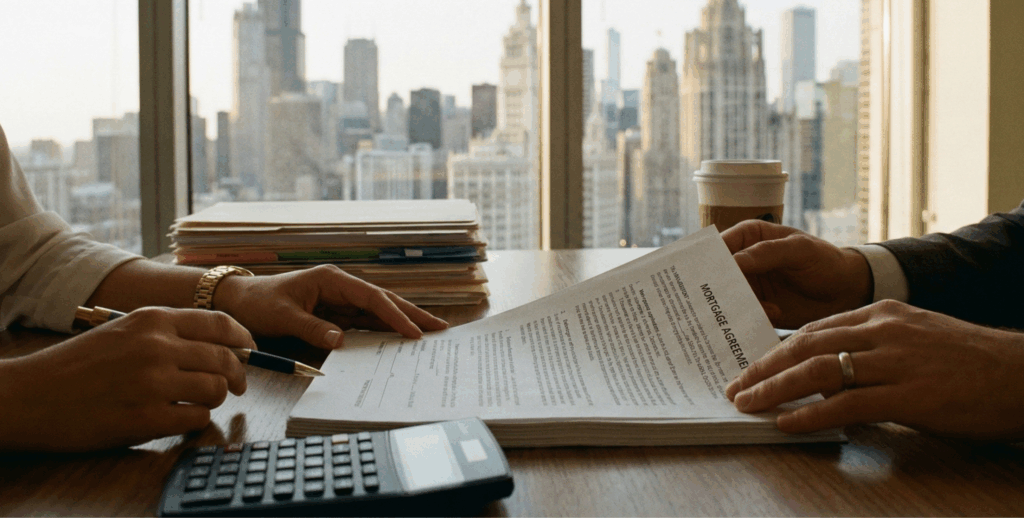 Chicago real estate lawyer reviewing mortgage documents with a client in a professional office overlooking the city skyline.