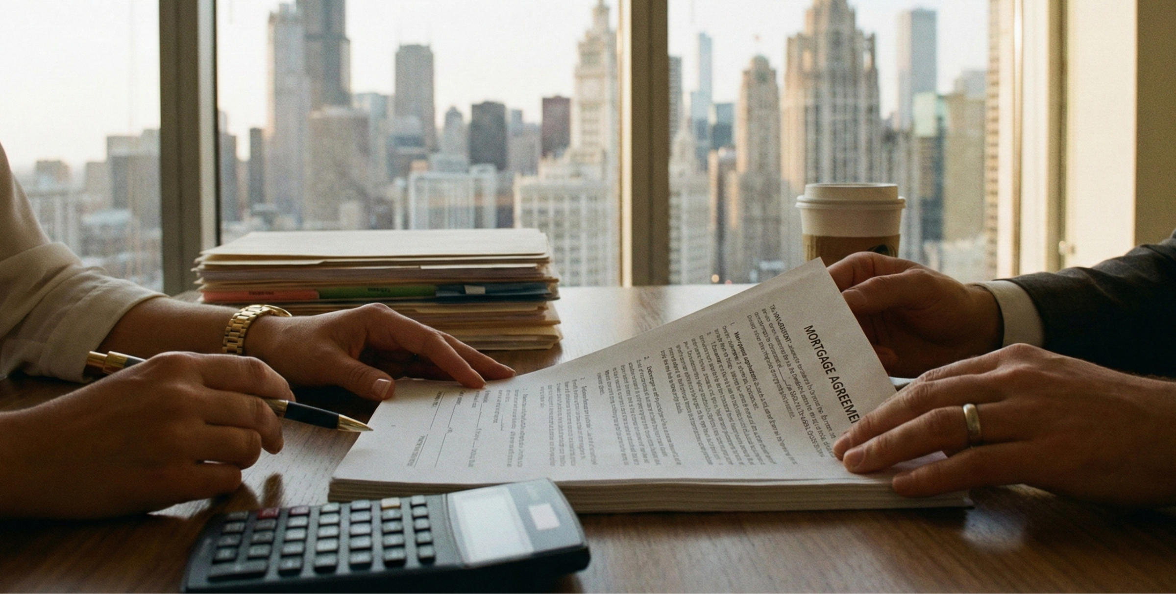 Chicago real estate lawyer reviewing mortgage documents with a client in a professional office overlooking the city skyline.