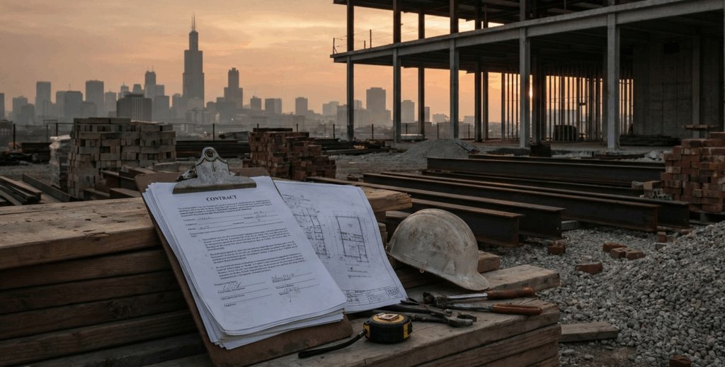 Partially completed Chicago construction site with scattered tools and contract papers, illustrating what happens when a contractor abandons the job.