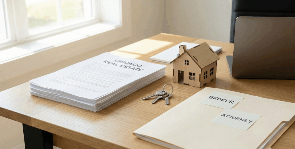 Real estate documents and keys illustrating the importance of using both a broker and lawyer in Chicago real estate transactions.