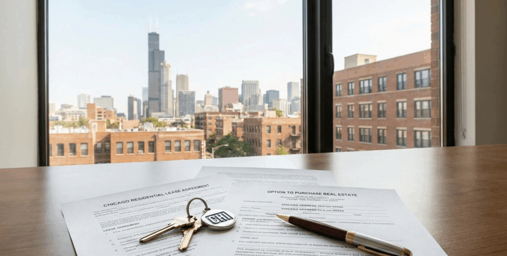 Lease documents and house keys illustrating lease-to-own property agreements in Chicago.