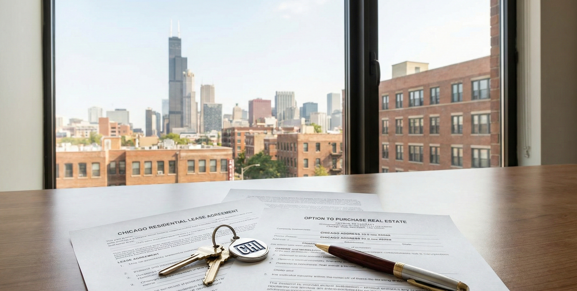 Lease documents and house keys illustrating lease-to-own property agreements in Chicago.