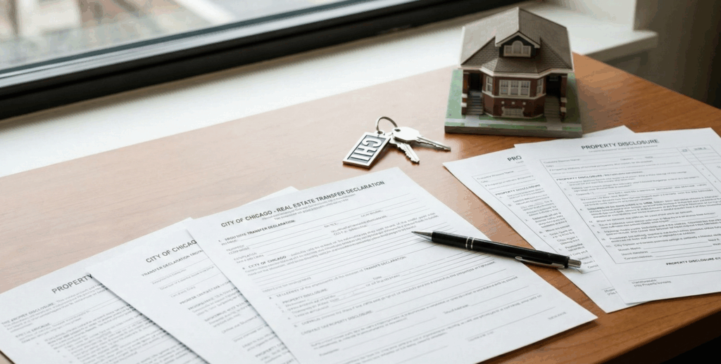 Legal documents and property papers illustrating how real estate lawyers protect sellers from lawsuits in Chicago.