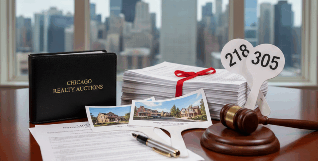 Documents, keys, and paperwork on a desk illustrating auction property risks in Chicago.