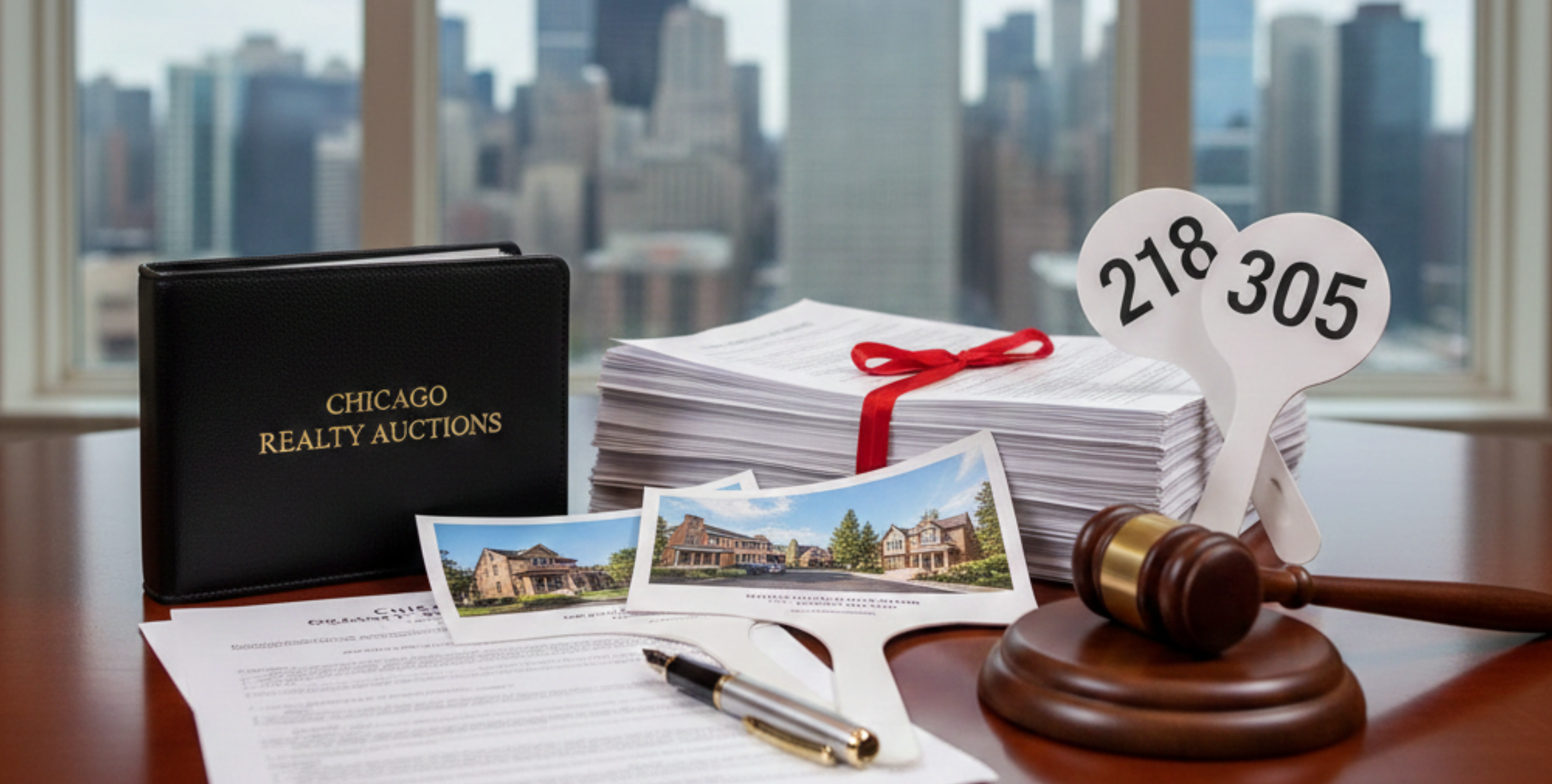 Documents, keys, and paperwork on a desk illustrating auction property risks in Chicago.
