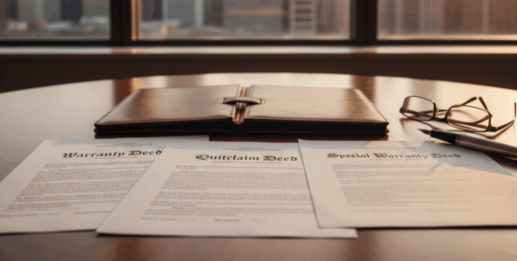 Real estate deed documents on a desk illustrating types of real estate deeds in Chicago.
