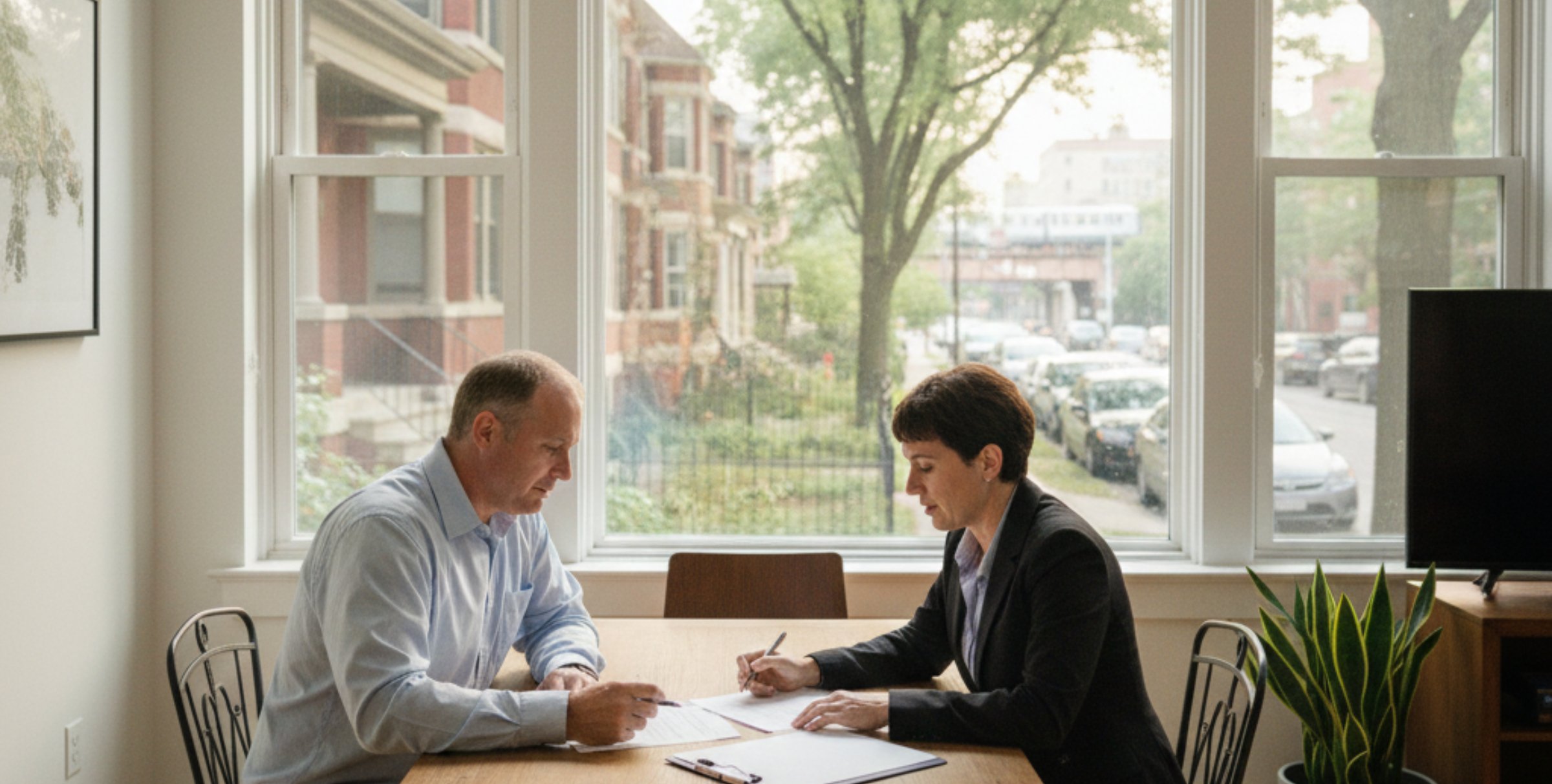 Chicago real estate contract laws helping a buyer review documents with a lawyer