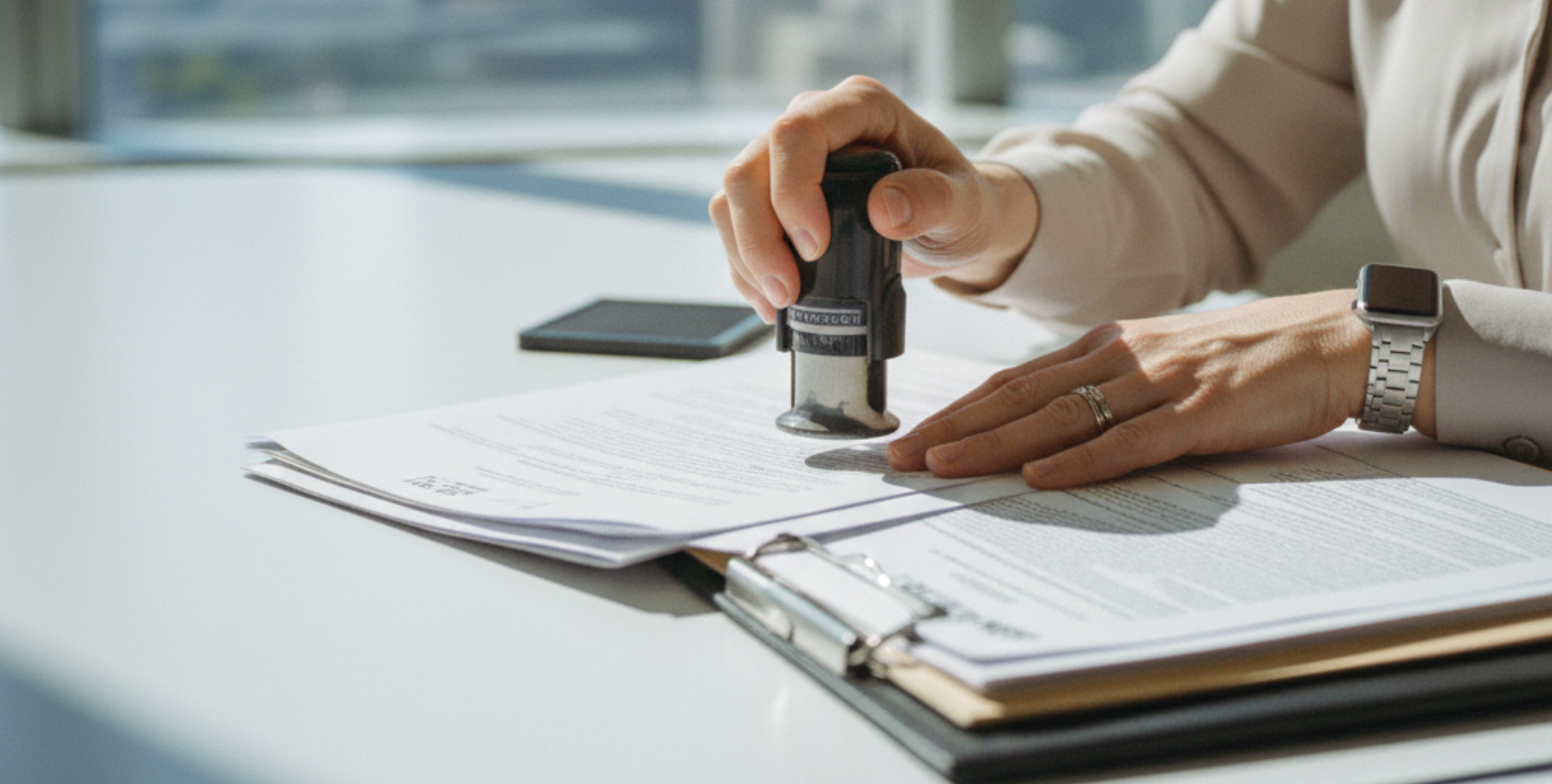 A Chicago notary public stamping real estate documents during a closing, with a buyer and seller seated nearby and the city skyline visible through the window. (Chicago notary laws for real estate)