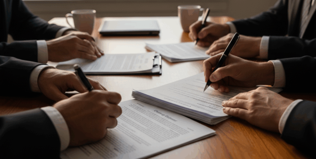 Faceless over-the-shoulder view of a Chicago real estate closing, showing hands signing documents in a home or office setting.