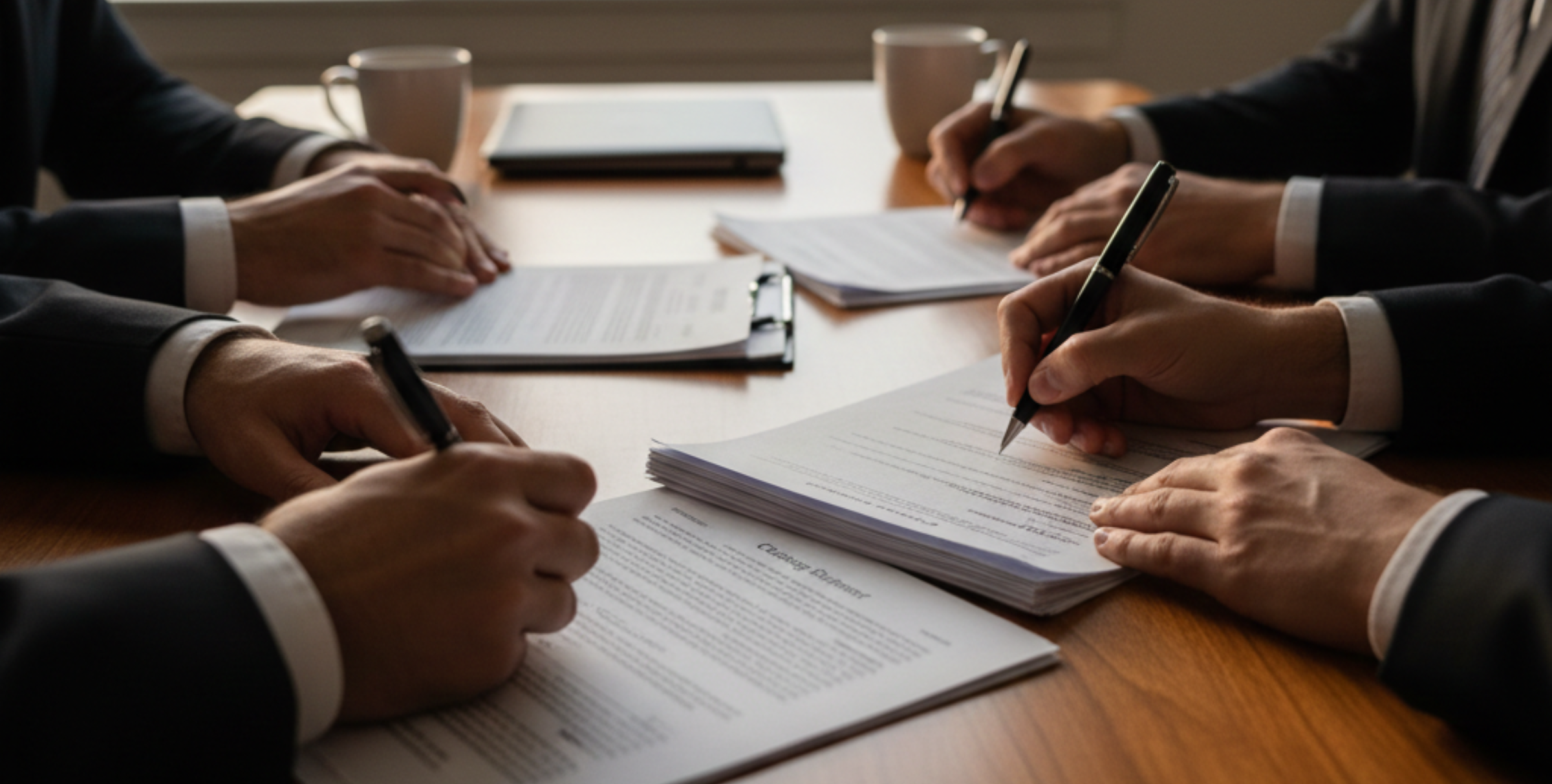 Faceless over-the-shoulder view of a Chicago real estate closing, showing hands signing documents in a home or office setting.
