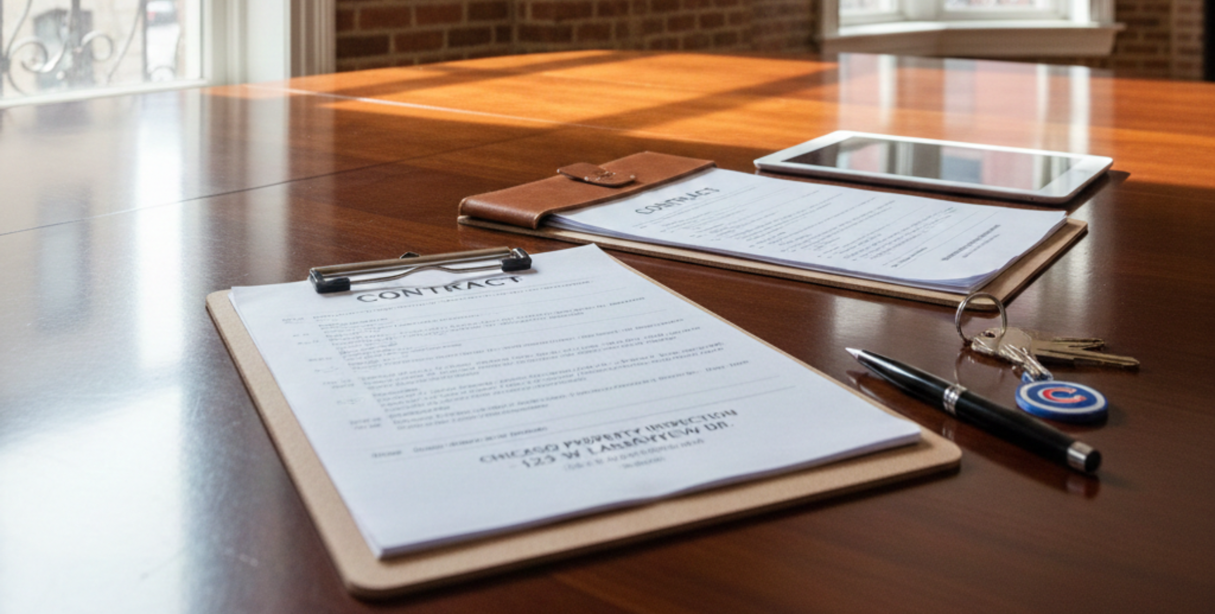 Faceless interior scene of a Chicago home with real estate documents and keys representing buying property as-is in Chicago