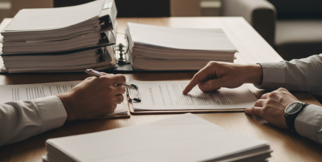 Faceless view of documents being reviewed during a Chicago real estate closing process.