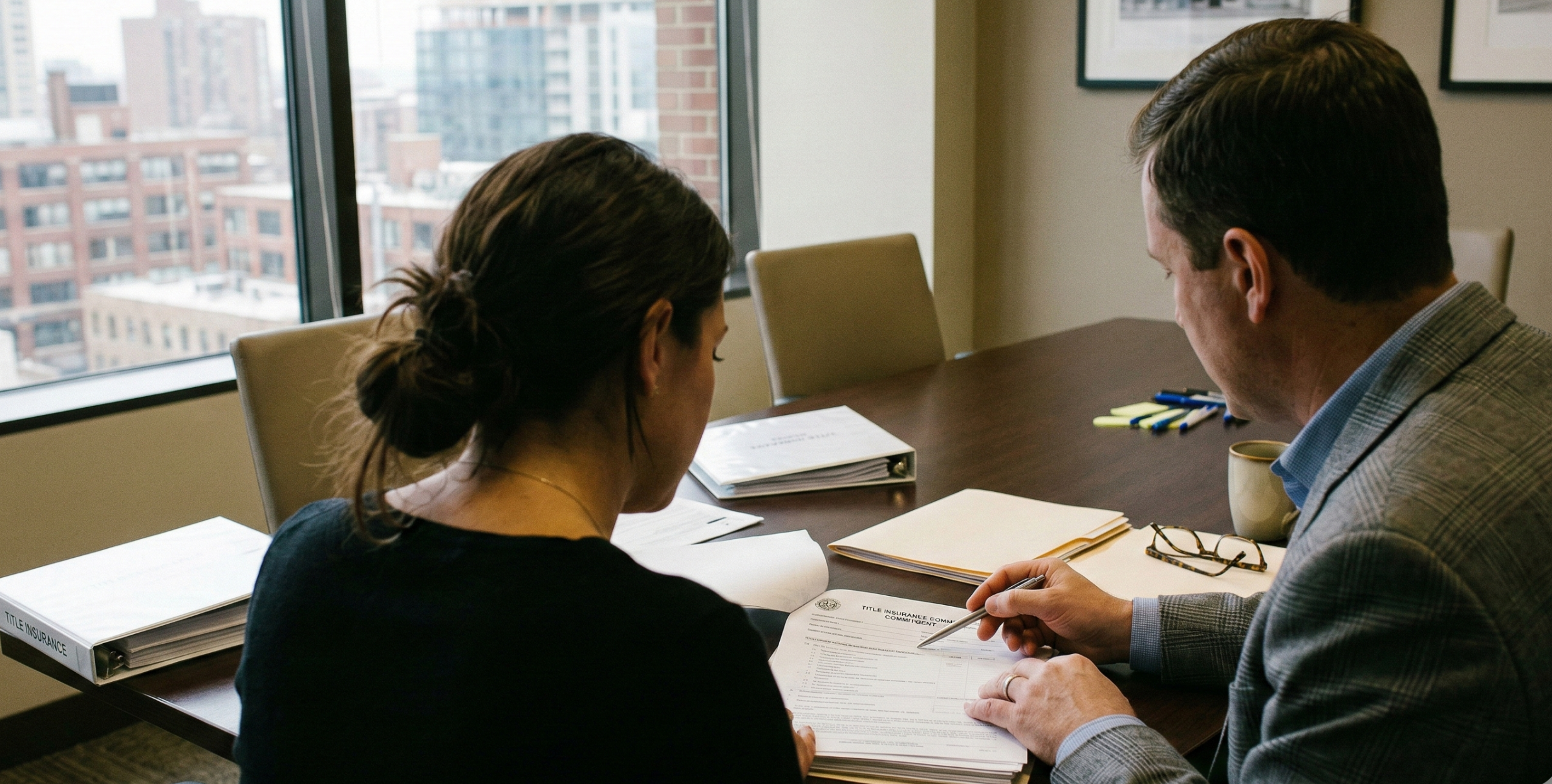 Attorney reviewing title insurance Chicago real estate documents during a property closing consultation