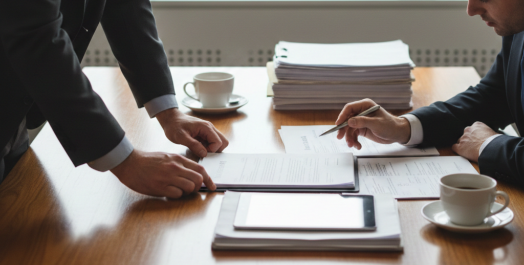 Seller breach of contract Chicago concept, buyer reviewing real estate agreement indoors with legal documents