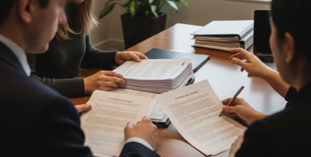 Clients reviewing closing documents during a Chicago real estate transaction