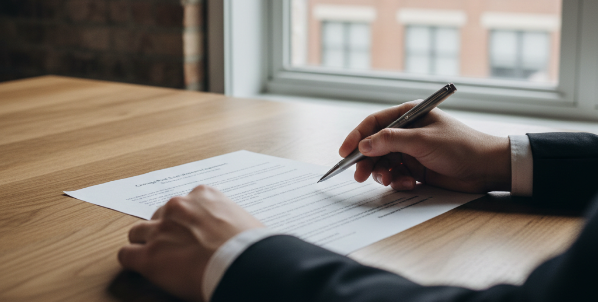Faceless over-the-shoulder view of Chicago real estate purchase agreement being reviewed during negotiations.