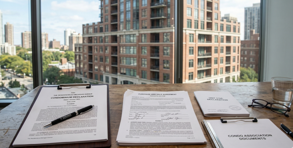 Chicago condominium declaration documents with real estate paperwork and condo building