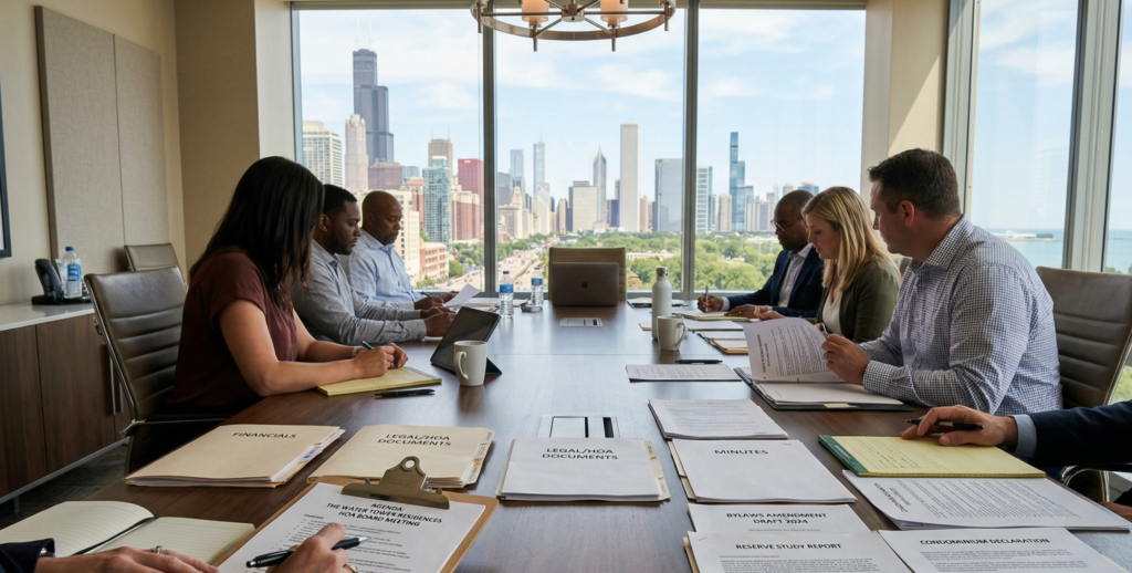 Chicago condo board meeting documents with condominium building in background