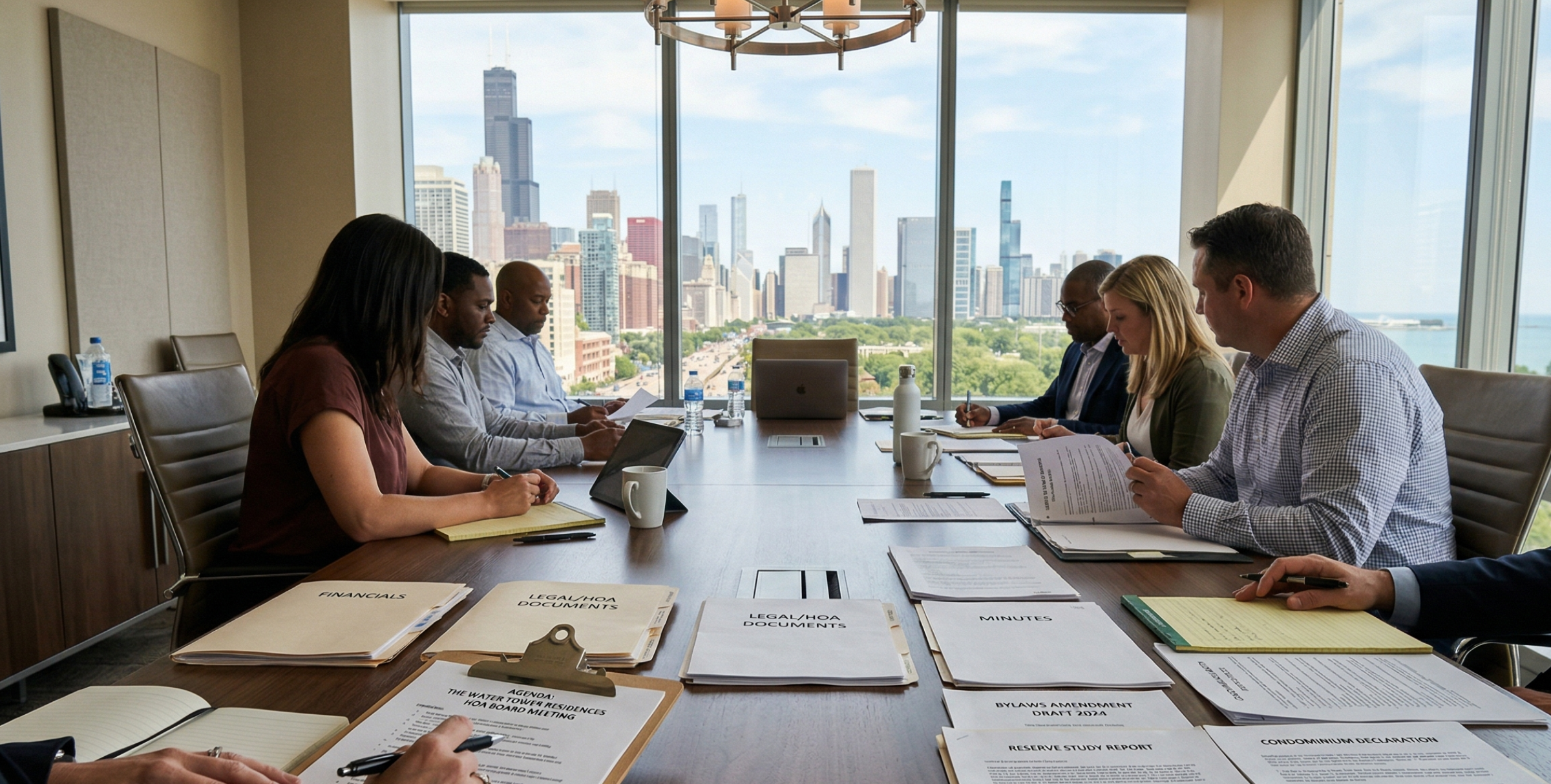 Chicago condo board meeting documents with condominium building in background