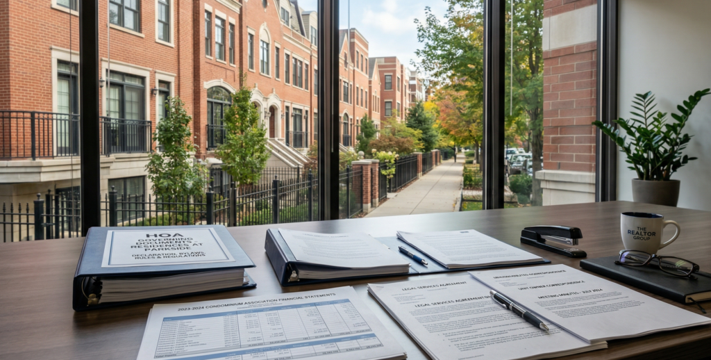 Chicago condo with HOA financial documents and legal paperwork on table