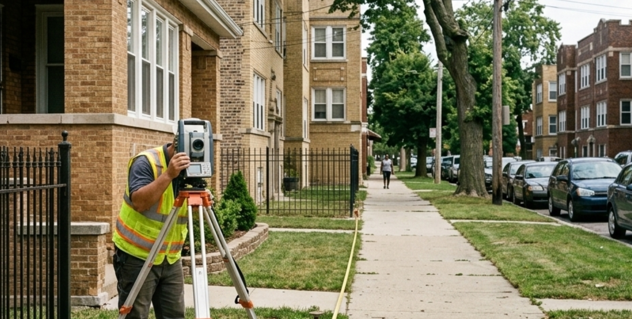 Land surveyor measuring property lines during a property survey Chicago real estate transaction