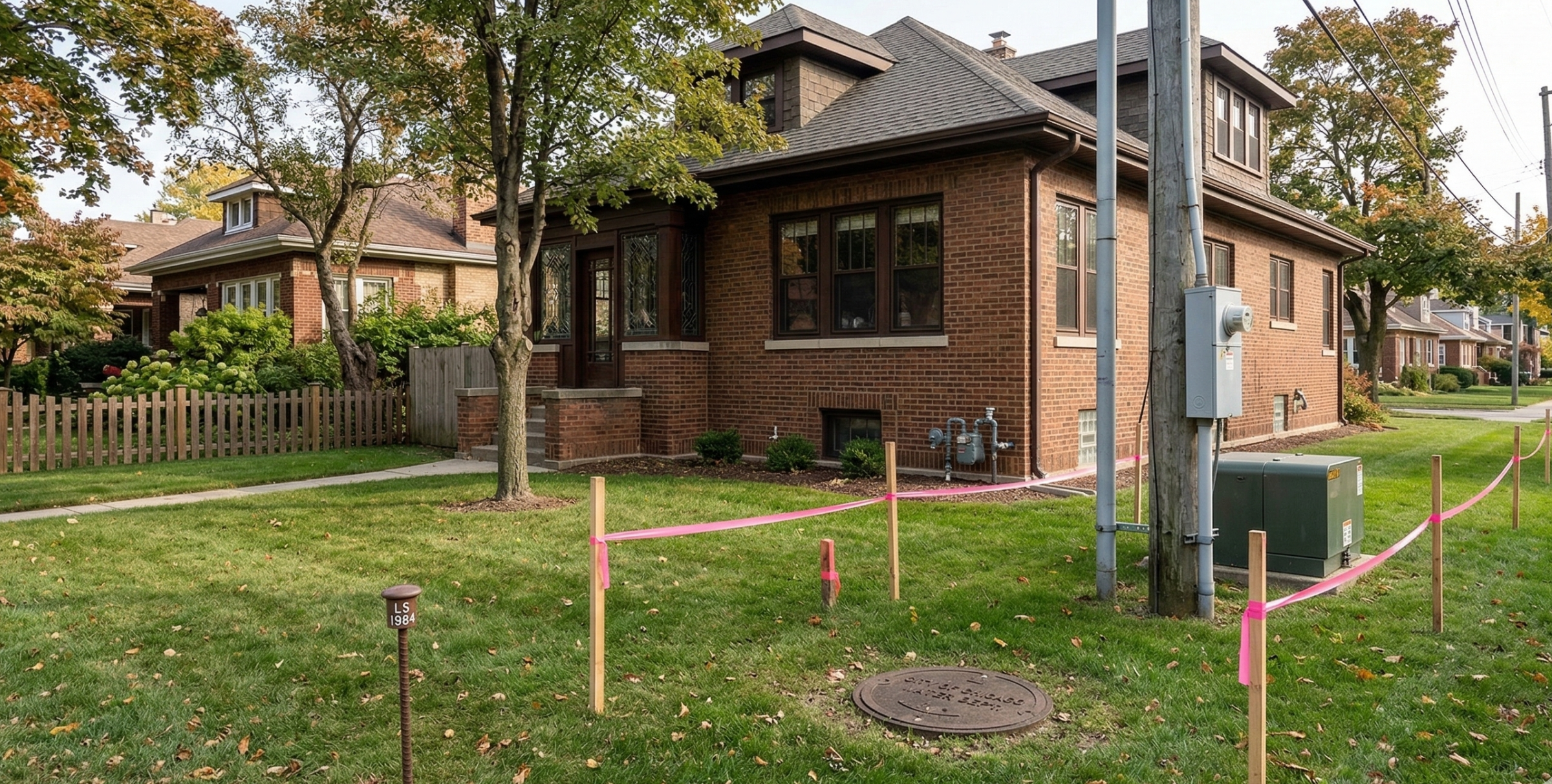 Utility easement area marked along property line during Chicago real estate property inspection