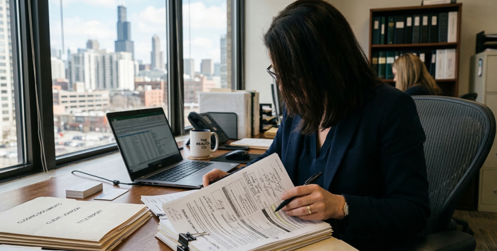 Chicago real estate attorney reviewing documents related to title clearance before property closing