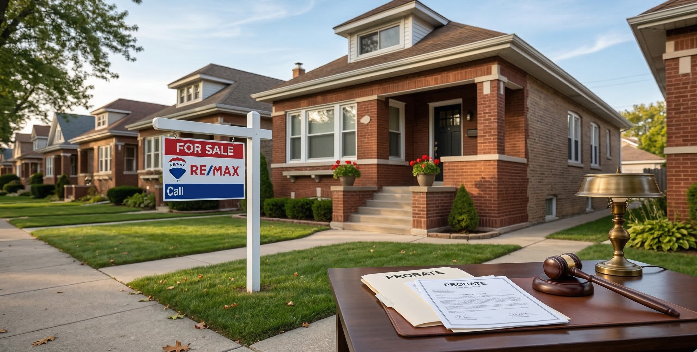 Chicago probate real estate sale with legal documents and house for sale sign