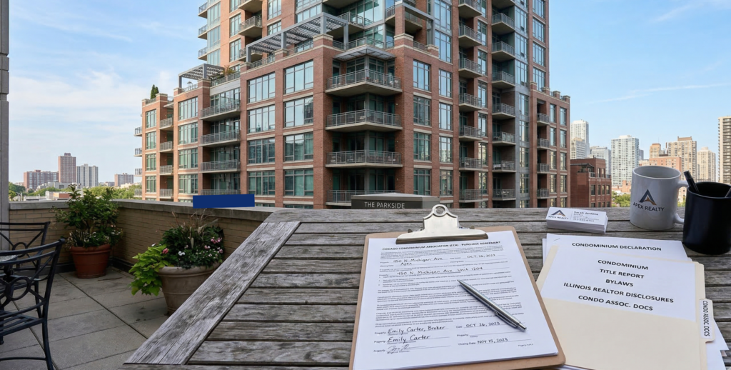 Chicago condo building with association documents and real estate paperwork