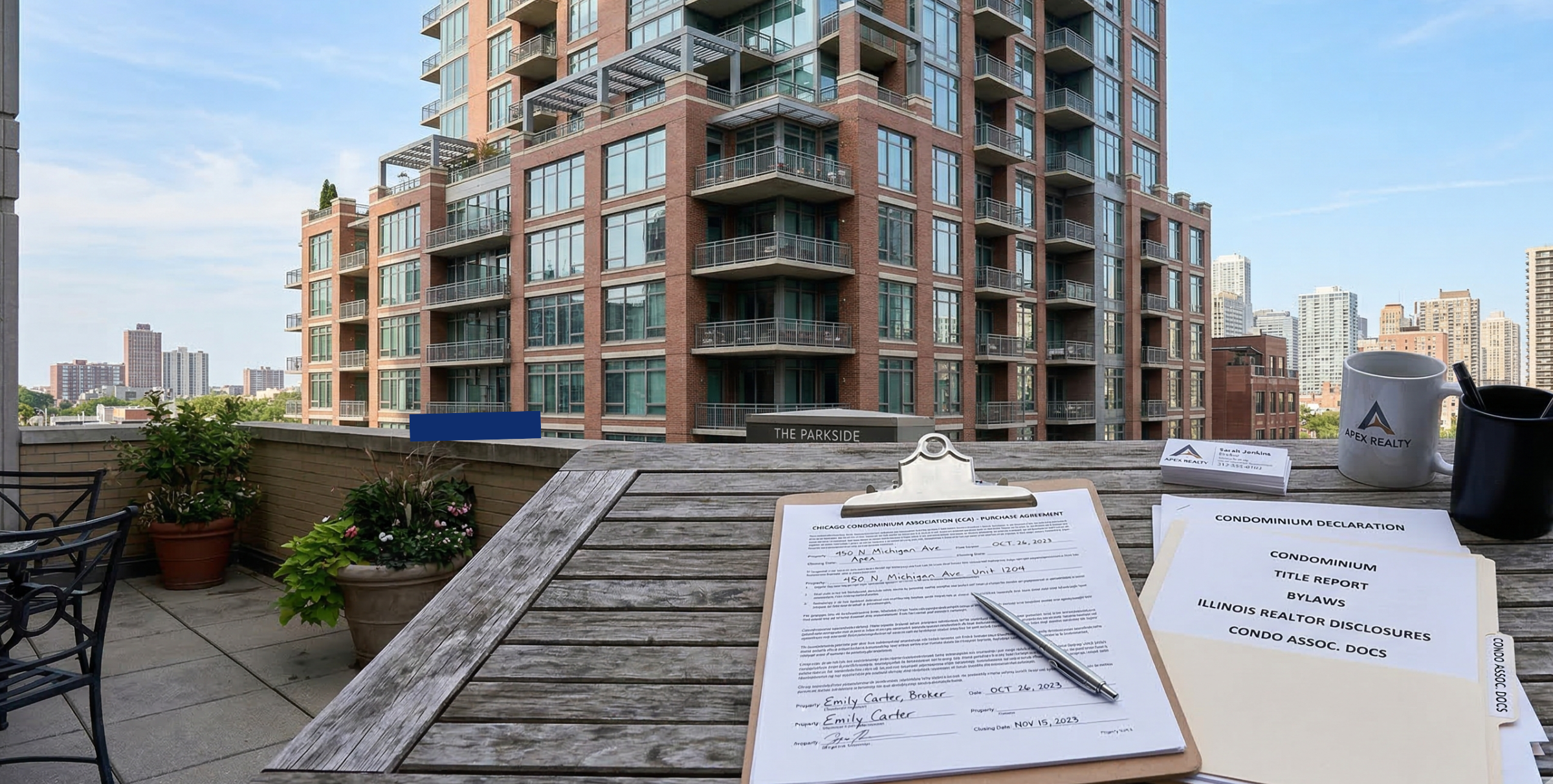 Chicago condo building with association documents and real estate paperwork